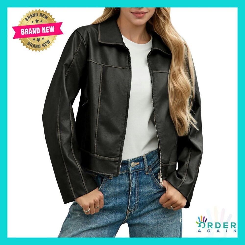 Faux Leather Motorcycle Jacket Cropped Biker Style Zip Up Collared Y2K